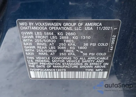 2022 Volkswagen Atlas 2.0T Se W/Technology from USA, damaged, VIN 1V2HP2CA6NC512073